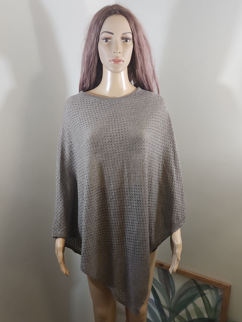 Pretty Persuasions Merino Wool Blend Gray Knit Poncho Sweater Lightweight Taupe
